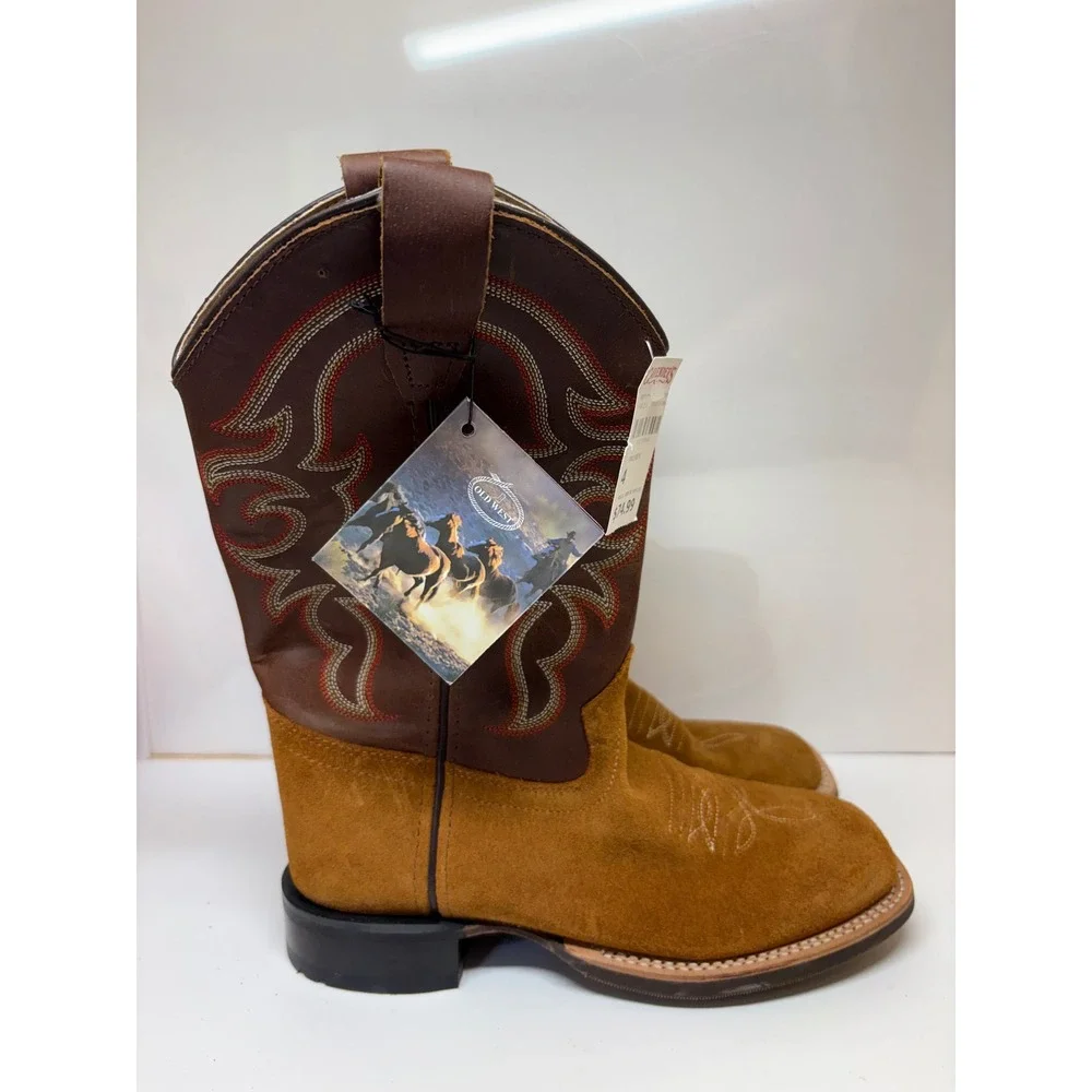 Old West Youth BSY1987 Brown Suede Leather Square Toe Cowboy Boots Size 4 D